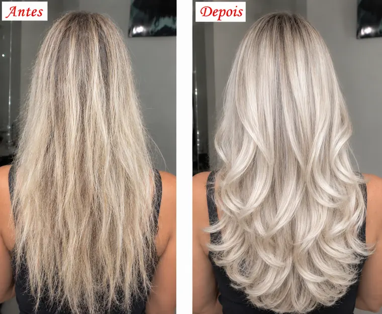 Antes e depois de cabelo loiro platinado: à esquerda, fios ressecados, opacos e com frizz; à direita, fios alinhados, macios e com brilho
